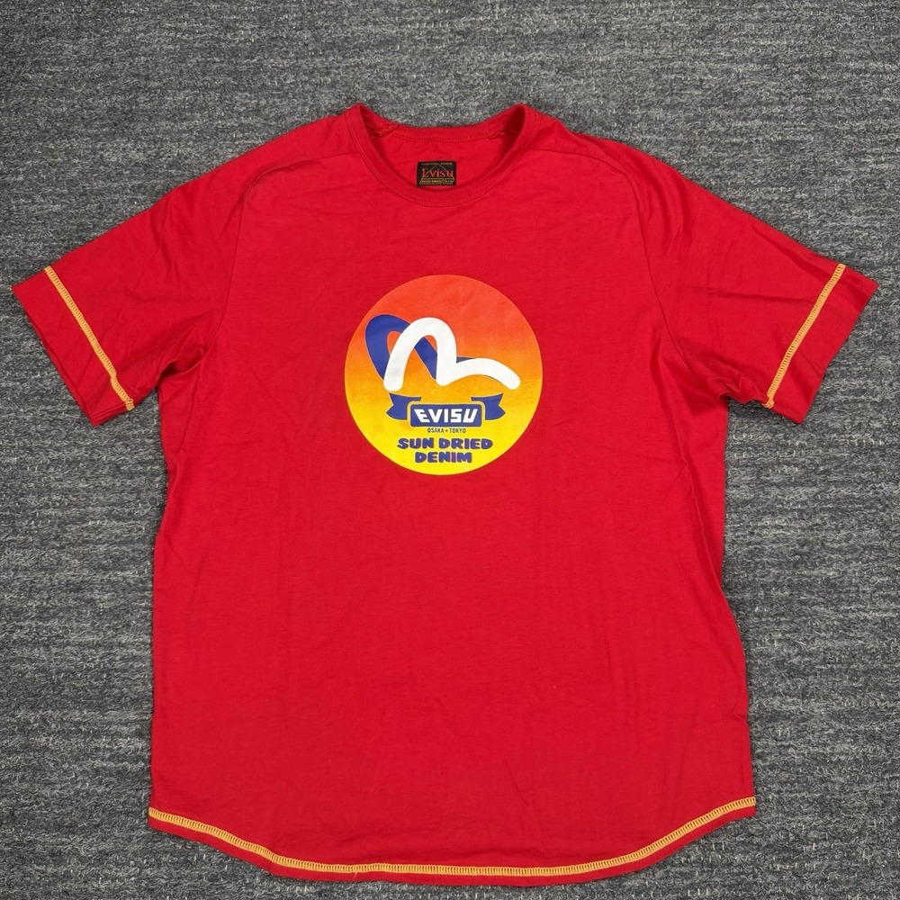 Evisu T-Shirt Men Medium Red Logo Sun Dried Denim Japanese Streetwear Tee Jersey